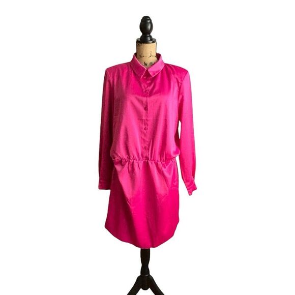 ASOS DESIGN Hot Pink Satin Shirt Dress Shoulder Pads NWOT Size 12  4 0438 - Picture 2 of 11